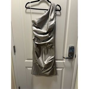 EN SAISON Kaden one shoulder vegan leather Midi Dress Silver Size S NWT$187